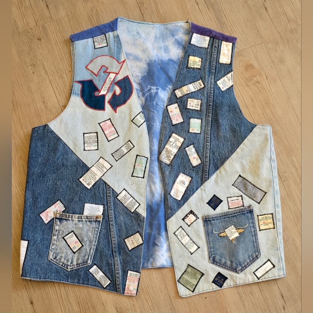 Handmade Vintage 80's Denim/Corduroy Patchwork Tags Recycle Vest XL New!‎